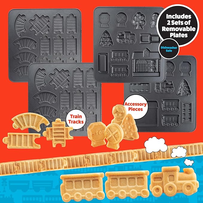 Train Set Waffle Maker – Build Track & Cargo Car Shaped Mini Waffles – Electric Non-Stick Plates, Dishwasher-Safe Removable Inserts for Kids Morning Breakfast, Pancakes, Snack, Family Fun Gift & Play!