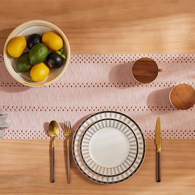 ZeeMart Macrame Style Boho Table Runner, Pink Table Runners 72 Inches Long, Farmhouse Woven Home Decor, 12x72 Inch, Light Pink