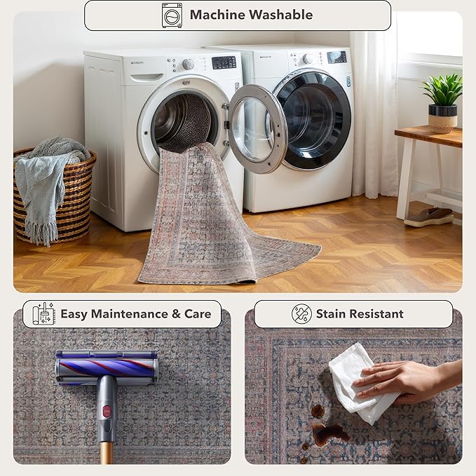 Kuden 2'6"x12 Runner Rug, Machine Washable Area Rug with Non-Slip Backing, Vintage Style, Soft, Easy Clean, Low Pile Rug for Hallway, Entryway, Kitchen, Bedroom