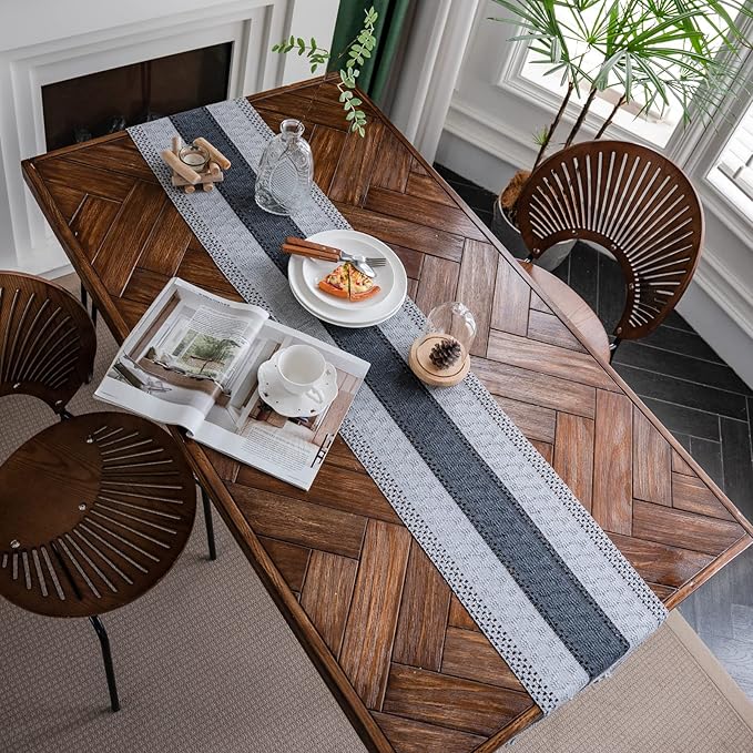 Alynsehom Macrame Table Runner Grey Boho Table Runners with Tassels Hand Woven Cotton Table Runner Rustic Farmhouse Table Runners for Bohemian Kitchen Dining Table(12x108in)