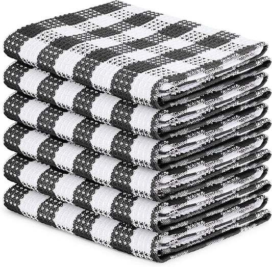 Blue Needles Waffle Weave Check Plaid Kitchen Towels, 15x25 Inches 100% Cotton Set of 6 Dish Towels for Kitchen, Ultra Soft & Absorbent for Quick Drying with Hanging Loop Spring Summer - Black & White
