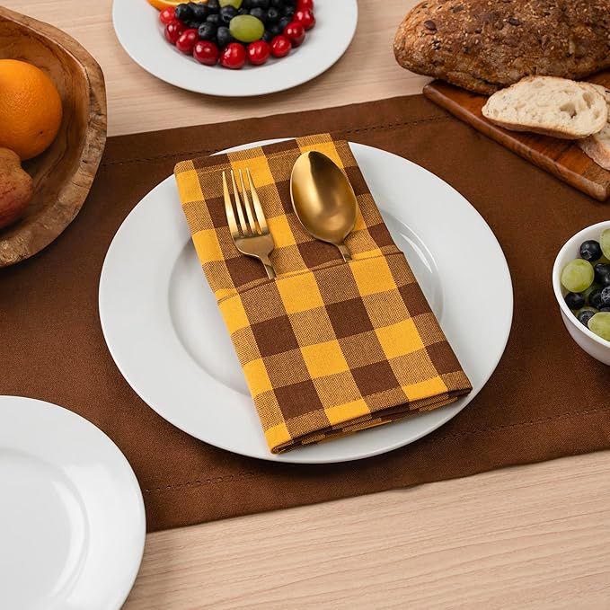Blue Needles Gingham Buffalo Plaid Cloth Napkins 100% Cotton Set of 12 Dinner Table Napkins 18x18 inch Soft, Reusable, Washable for Wedding Parties & Everyday Use - Golden Yellow & Nut Brown