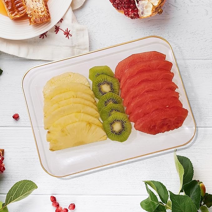 3 Pack Plastic Serving Trays for Party - Gold Serving Tray 8 x 11 Inch - Heavy Duty Dessert Trays for Food - Rectangular Party Serving Trays for Entertaining - Clear Cookie Platters