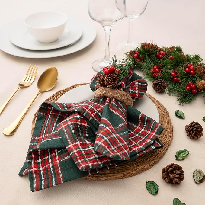 Blue Needles Gingham Buffalo Plaid Cloth Napkins 100% Cotton Set of 12 Dinner Table Christmas Napkins 18x18 inch Soft Reusable Washable Perfect for Event Parties & Everyday Use - Christmas Multi Green