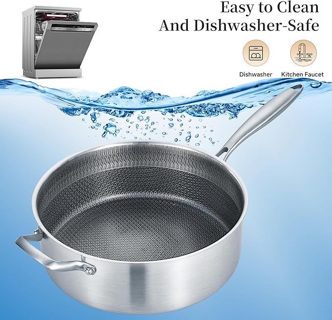 LOLYKITCH 5 QT Hybrid Ceramic Coating Non Stick Tri-Ply Stainless Steel Sauté Pan with Lid, 12 Inch Deep Frying Pan PFOA & PFOS Free,Induction Cooking Pan, Dishwasher and Oven Safe