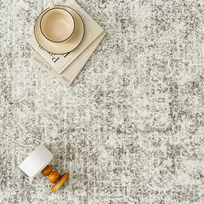 9x12 Area Rug Washable Vintage Neutral Living Room Carpet Large Indoor Non Slip Taupe Bedroom Distressed Low Pile Retro Accent Throw Rug for Dining Room
