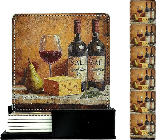 Marble Coasters Square Leather Drinks Coaster Set with Holder for Coffee Table Bar Home Decor 4 Inches Set of 6 (Vintage Wine, One Size)