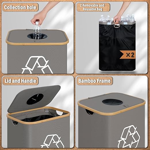 efluky Recycle Bin 26 Gallon, 100L Recycle Bin for Kitchen with 2 Removeable and Reusable Inner Bag, Large Recycling Bin with Lid for Bottle Can Plastice Stickers (Grey)