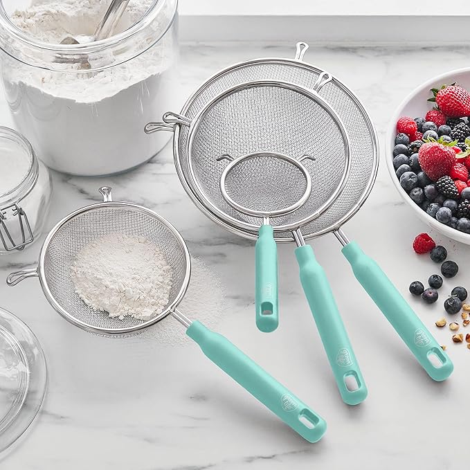 GreenLife Cooking Tools and Utensils, 4 Piece Extra Fine Stainless Steel Mesh Strainer Kitchen Set, Stay Cool Handles, Dishwasher Safe, BPA-Free, Turquoise