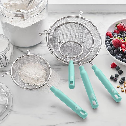 GreenLife Cooking Tools and Utensils, 4 Piece Extra Fine Stainless Steel Mesh Strainer Kitchen Set, Stay Cool Handles, Dishwasher Safe, BPA-Free, Turquoise