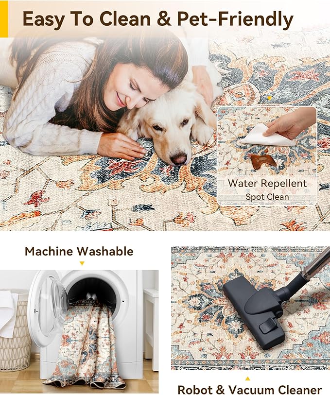 Area Rugs 5'x8' Washable Non-Slip, Floral Vintage Distress Print Pattern Medallion Carpet for Living Room Bedroom Dining Room, Beige Navy Blue Orange Colorful