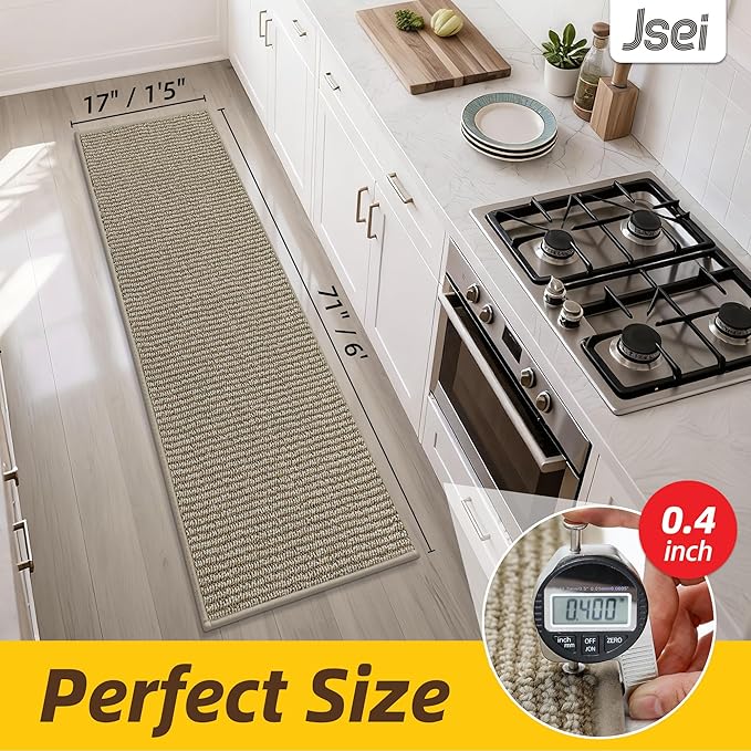 JSEI Kitchen Runner Rugs, 17''x71'' Non-Slip Kitchen Mats for Floor, Machine Washable Absorbent and Stain Resistant Kitchen Rug, Carpet Mats with TPR Backing for Kitchen, Beige