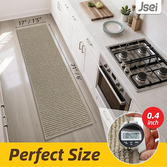JSEI Kitchen Runner Rugs, 17''x71'' Non-Slip Kitchen Mats for Floor, Machine Washable Absorbent and Stain Resistant Kitchen Rug, Carpet Mats with TPR Backing for Kitchen, Beige