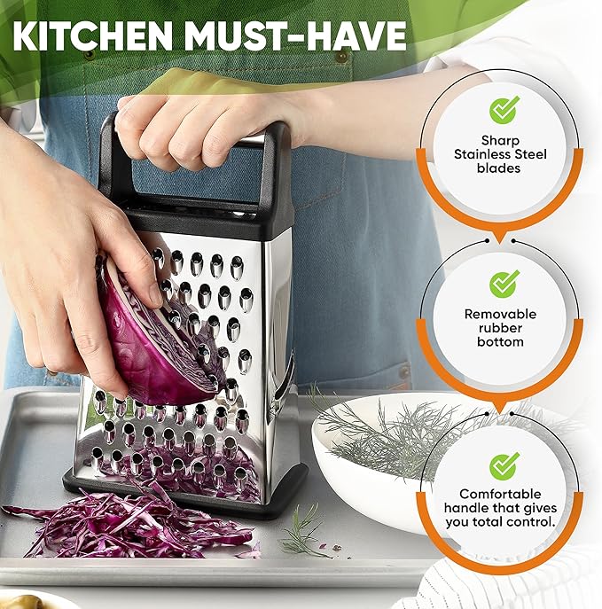 Spring Chef Stainless Steel Lemon Zester, Fine & Coarse Shred, Set of 2 & Professional Cheese Box Grater, XL Size - 2 Product Bundle - Black
