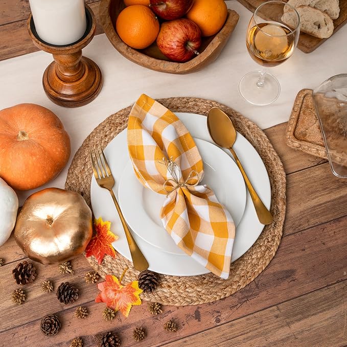 Blue Needles Gingham Buffalo Plaid Cloth Napkins 100% Cotton Set of 12 Dinner Table Napkins 18x18 inch Soft, Reusable, Washable Ideal for Wedding Parties Everyday Use - Golden Yellow & White