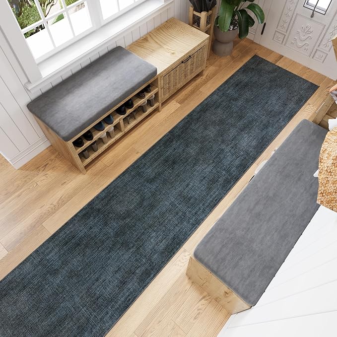 Ottomanson 2-Piece Kitchen Rug Set - Non Slip Runner & Washable Mat - 1'11" x 4' + 1'11"' x 5' - Durable, Stain Resistant for Entryway, Bedroom and Bathroom, Solid Charcoal Navy