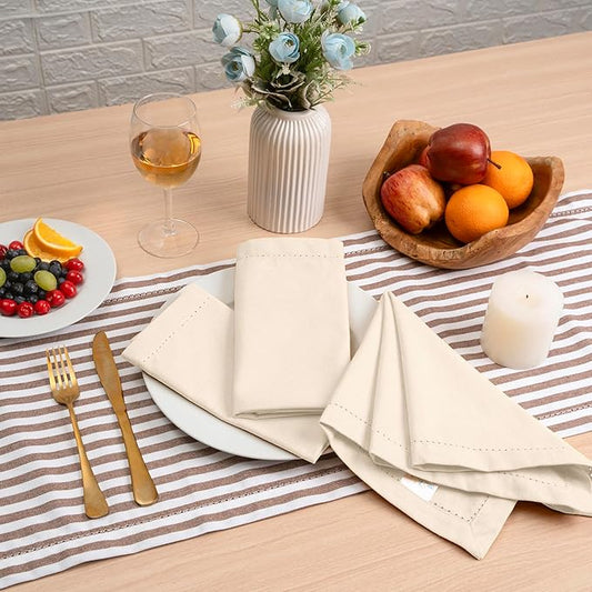 Blue Needles Set of 12 Hemstitch Linen Napkins 100% Cotton Cream Cloth Dinner Napkins 18x18 inches, Soft, Reusable, Absorbent, Washable, Ideal for Wedding Events, Parties & Everyday Use