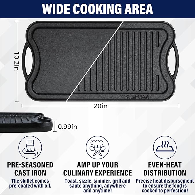 Griddle Pan for Stove Top – 20" Reversible Cast Iron Double Burner Griddle Plate, Multi-Use Preseasoned Pancake Pan with Handles - Works on most Stovetops, Grills, and Fire