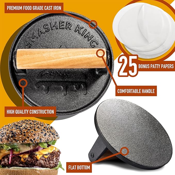 SMASHER KING™ - Smash Burger Press - Cast Iron Burger Smasher And Hamburger Patty Maker - Smash Burger Kit With 25 Sheets Of Paper - Grill Press And Steak Weight For Heavy Meat Smasher Cooking Results