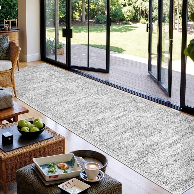 Washable Runner Rug 2.5x12, Non-Slip Long Bathroom Rugs Runner for Kitchen, Living Room, Bedroom, Soft Vintage Rug for Entryway, Thin Floor Mat for Dining Room(2.5'x12', Grey/Ivory)