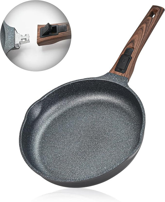 Bakoniion 8 Inch Smart Nonstick Frying Pan with Removable Handle, Cast Aluminum and Anti-Scratch Omelette Pan, Compatible with All Stovetops, Dishwasher and Oven Safe