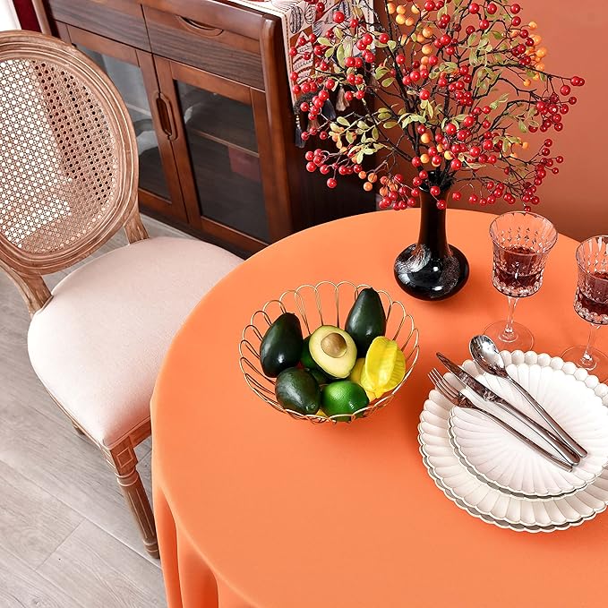 MEANMOY Orange 210 GSM Water & Stain Resistant Round Tablecloth for Circle Table - Solid 108 Inch Table Cloth Cover in Wrinkle Free Durable Washable Polyester Fabric for Wedding, Party, Banquet