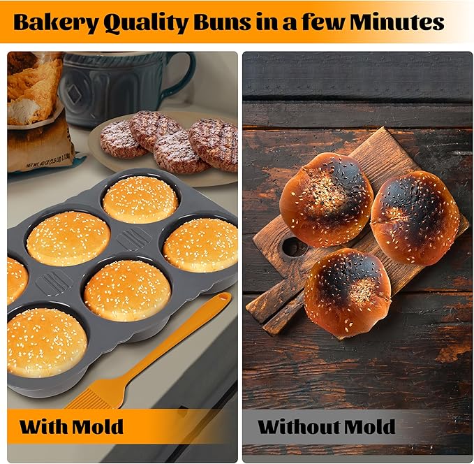 Hamburger Bun Pan, Non-Stick Silicone - Oven-Safe, Vented 6-Cavity Baking Mold, Dishwasher Safe with Basting Brush