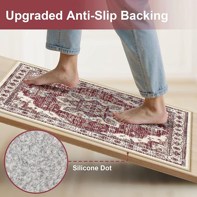 Tritard Non Slip Kitchen Rugs Sets of 3 Washable Kitchen Rug Boho Kitchen Mats for Floor Soft Kitchen Runner Rug Non Skid Kitchen Floor Carpet for Entryway Hallway Laundry Room, Brick Red