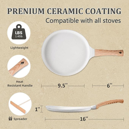 AOSION Nonstick Crepe Pan 9.5 Inch,Cermaic Crepe Pan,Dosa Tawa Pan,Ceramic Coated PFOA-Free, Ergonomic Handle, With Pancake Tools, Forged Aluminum Induction Safe