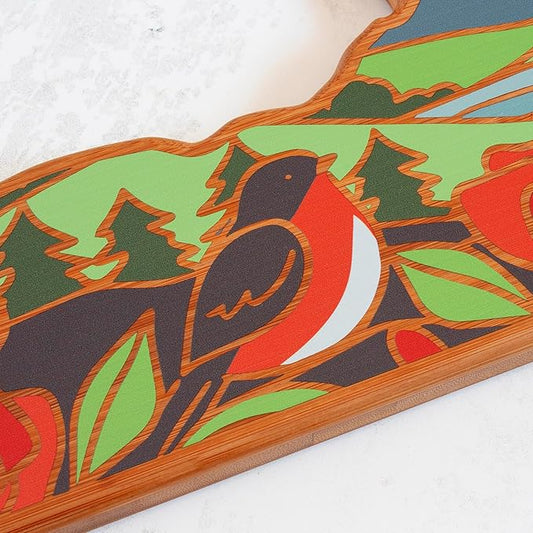Totally Bamboo New York State Shaped Cutting Board and Charcuterie Serving Platter with Artwork by Summer Stokes, Includes Hang Tie for Wall Display