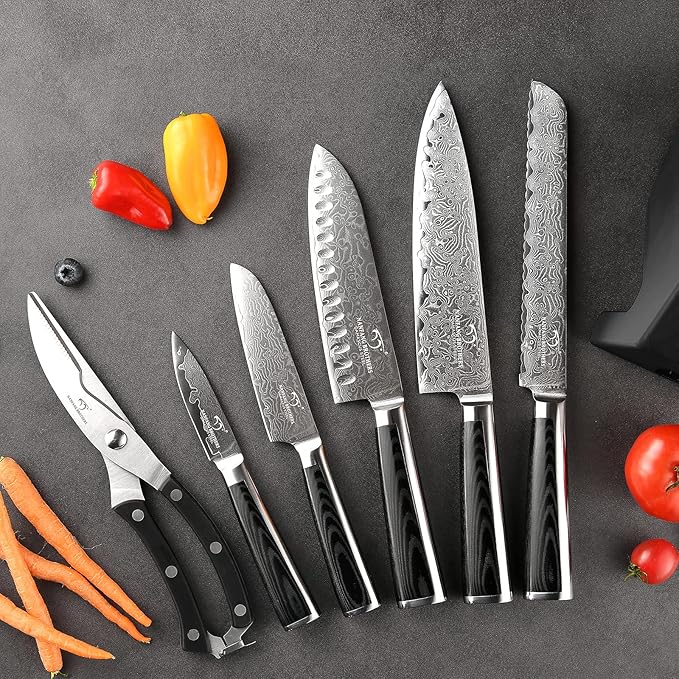 NANFANG BROTHERS 7 Pieces Damascus Kitchen Knife Set with Block, ABS Ergonomic Handle for Chef Knives, Kitchen Shears, Knife Block Set for Chopping, Slicing & Cutting