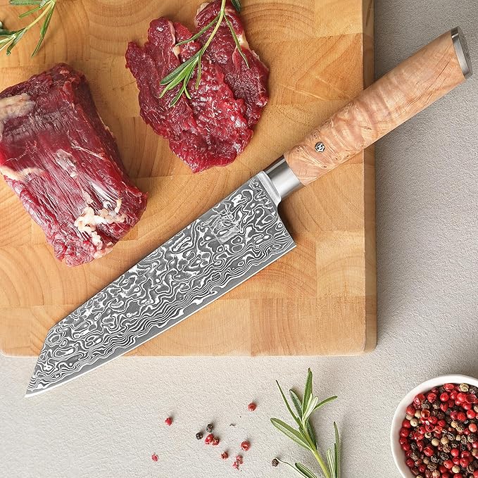 zayiko Kinone Kiritsuke Chef Knife – 7.9-Inch Damascus Kitchen Knife | 67 Layers Steel with VG10 Core | Ergonomic Birch Root Wood Handle | Professional Cooking Tool in Gift Box
