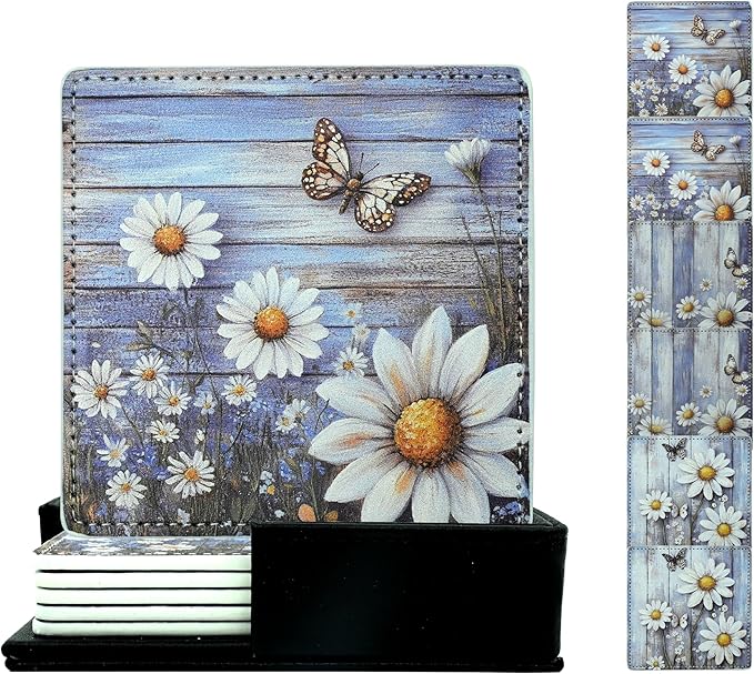 Marble Coasters Square Leather Drinks Coaster Set with Holder for Coffee Table Bar Home Decor 4 Inches Set of 6 (Butterfly, One Size)