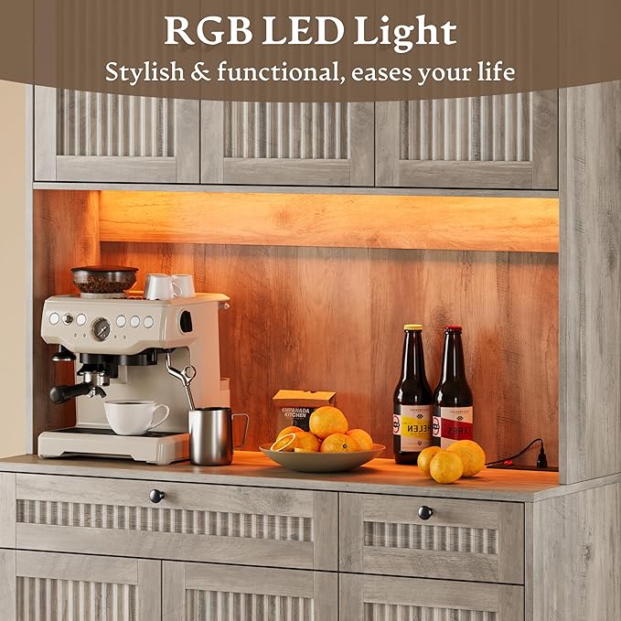 Pantry Cabinet with Charging Station and Light, Tall Kitchen Pantry Storage Cabinet with Microwave Stand, Wide Fluted Kitchen Hutch with Storage Drawers and Adjustable Shelves for Dining Room