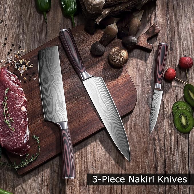 3 PCS Japanese Chef Knife Set – High Carbon Stainless Steel Nakiri Knives, Ultra Sharp Chef Knives, Multi-purpose Kitchen Knives for Precise Cutting, with Stylish Gift Box