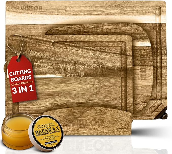 Acacia Wood Cutting Board Set with Knife Sharpener & Wax – 3 Durable, Eco-Friendly Boards with Stand – Perfect for Chopping, Serving & Impressing in the Kitchen