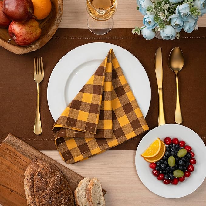 Blue Needles Gingham Buffalo Plaid Cloth Napkins 100% Cotton Set of 12 Dinner Table Napkins 18x18 inch Soft, Reusable, Washable for Wedding Parties & Everyday Use - Golden Yellow & Nut Brown