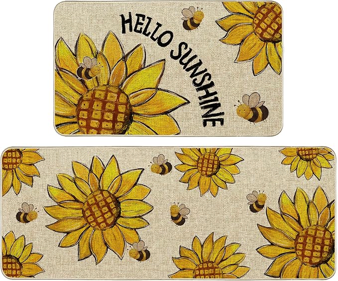Sunflower Spring Kitchen Mats for Floor Set of 2, Sunshine Flower Summer Floor Mats, Non Slip Rubber Backing Kitchen Floor Mat and Rug Set for Kitchen Sink, Office, Laundry