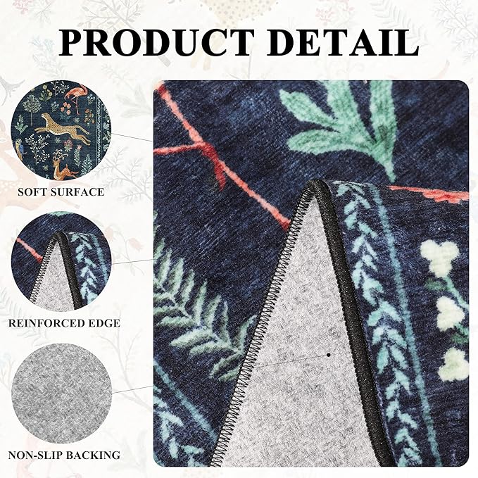 DUKINO 5x7 Rug, Washable Animal Living Room Rug with Non Slip Vintage Design, Soft Low Pile Large Carpet for Bedroom, Nursery, Dining Room, Farmhouse, Playroom, Navy Blue