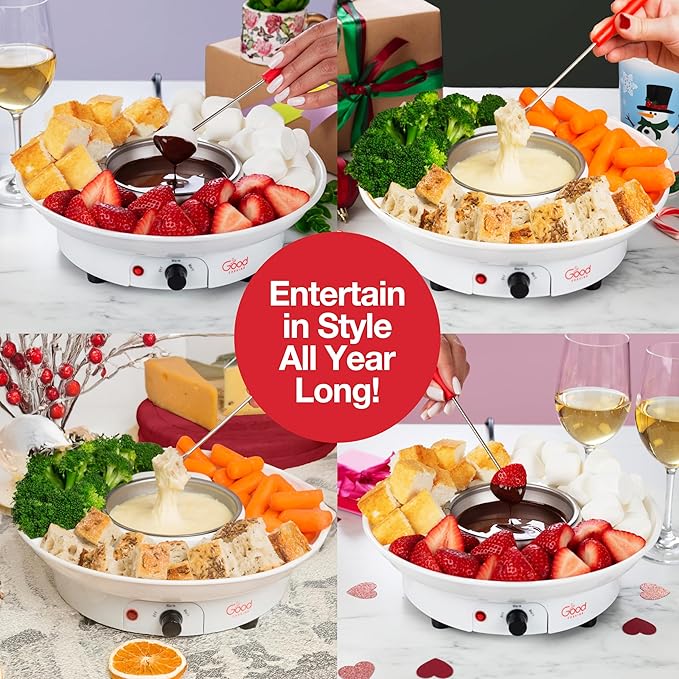 Electric Fondue Maker Deluxe Set w 4 Forks- Removable Serving Tray for Cheese & Chocolate Melting, Warming Setting- Valentines Day Candy Bar Melter, Party Must Have- Appetizers Desserts- Gift for Host