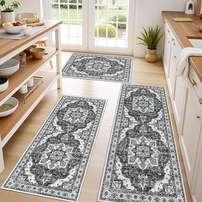 Tritard Non Slip Kitchen Rugs Sets of 3 Washable Kitchen Rug Boho Kitchen Mats for Floor Soft Kitchen Runner Rug Non Skid Kitchen Floor Carpet for Entryway Hallway Laundry Room, Black Grey