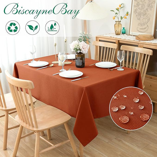 Biscaynebay 2 Pack Fall Table Cloth Rectangle 52x70 Inch, Rust Thanksgiving Autumn Harvest Water Resistant Fabric Textured Tablecloths for Kitchen, Dining, Wedding, Parties Machine Washable