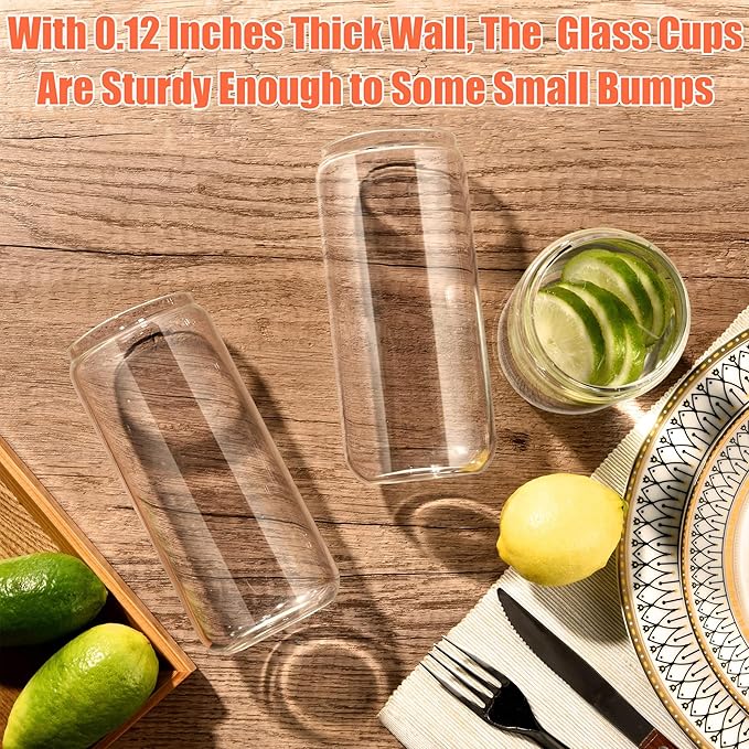 Glass Cups with Lids and Straws 20oz, 12psc Glass Drinking Set, Beer Can Cups with Bamboo Lids, Tumbler Cup with Straw for Ice Coffee, Cocktail, Whiskey, Soda Boba Tea -2 Cleaning Brushes.