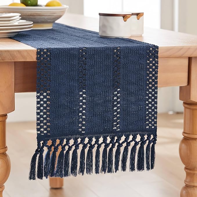 ZeeMart Macrame Style Boho Table Runner, Navy Table Runners 36 Inches Long, Farmhouse Woven Home Decor, 12x36 Inch, Navy Blue