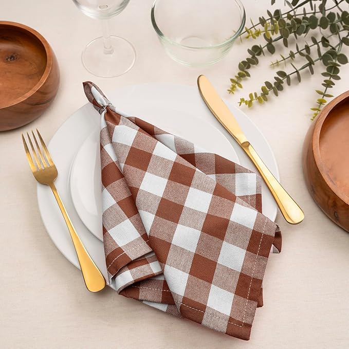 Blue Needles Gingham Buffalo Plaid Cloth Napkins 100% Cotton Set of 12 Dinner Table Napkins 18x18 inch Soft, Reusable, Washable, Ideal for Wedding Parties & Everyday Use - Nut Brown & White