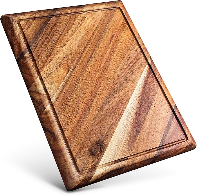 Contour Wood Cutting Board - Large Acacia Butcher Block Chopping Board for Kitchen w/Stand, Sustainable Wood, Juice Groove - Doubles as 4 Compartment Serving Board - Apace Living 17x13x1.5