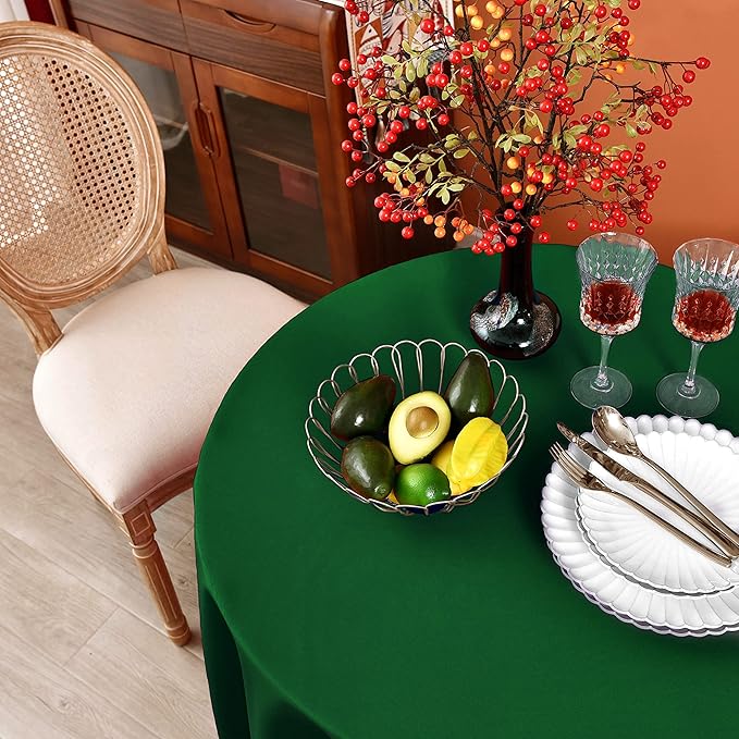 MEANMOY Green 210 GSM Water & Stain Resistant Round Tablecloth for Circle Table - Solid 60 Inch Table Cloth Cover in Wrinkle Free Durable Washable Polyester Fabric for Wedding, Party, Banquet