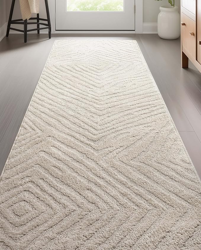 Well Woven Custom Size Hallway Stair Runner - Choose Your Length - 27 Inches Wide x 13 Feet Long Runner (27" x 13' Runner) Rug - Ivory Relajo Soft Touch, Modern Geometric - Hi-Lo Pile