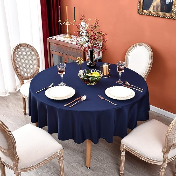 MEANMOY Navy Blue 210 GSM Water & Stain Resistant Round Tablecloth for Circle Table - Solid 108 Inch Table Cloth Cover in Wrinkle Free Durable Washable Polyester Fabric for Wedding, Party, Banquet