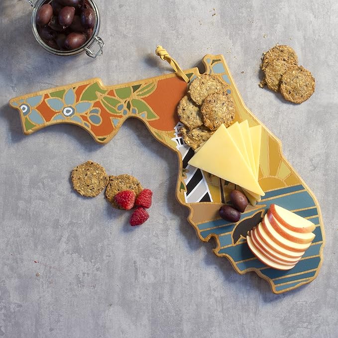 Totally Bamboo Florida State Shaped Cutting Board and Charcuterie Serving Platter with Artwork by Summer Stokes, Includes Hang Tie for Wall Display Varies